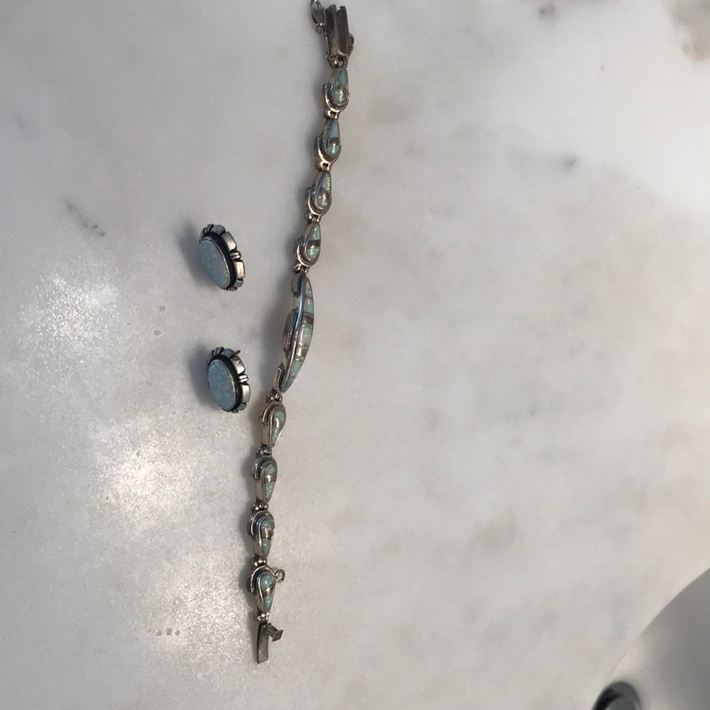Sterling silver and opal bracelet and earring set
